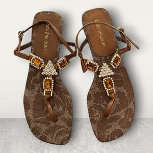 Enzo Angiolini Alphonse Jeweled Brown Embellished Thong Sandals - Size 6.5M